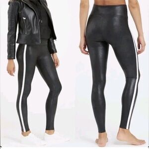 SPANX Faux Leather Side Stripe Black Leggings High Rise Pants Size L